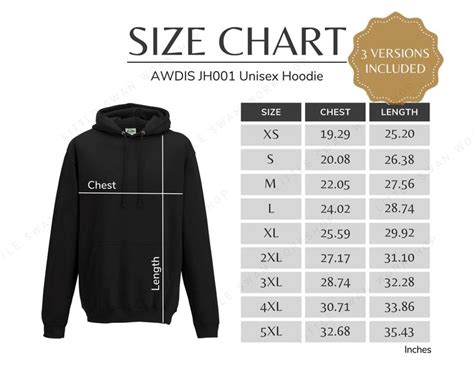 Awdis Jh001 Size Chart Unisex Hoodie Size Table Jh 001 Sizing Guide Etsy Unisex Hoodies