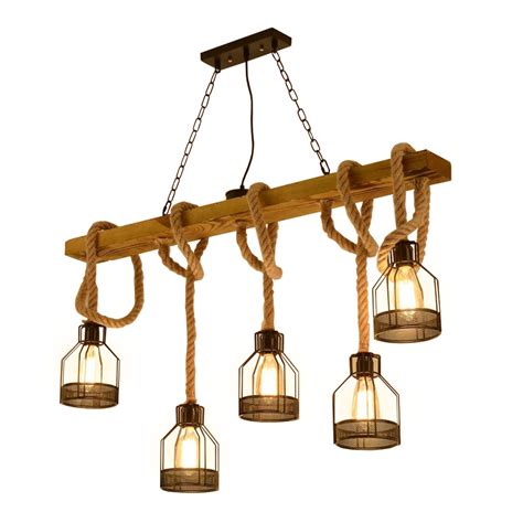 OUSGAR 5 Lights Chandelier Wood Hanging Industrial Pendant Lighting