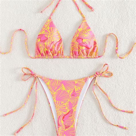 Swim Mod Summer Beach Allover Print Bikini Set Halter Triangle Bra Tie Side Bottom 2 Piece