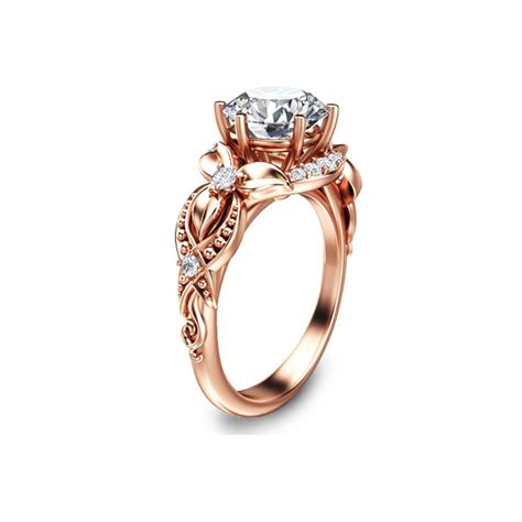 14k Solid Rose Gold Lab Created Diamond Engagement Ring Art Nouveau Lab Grown Diamond Engagement