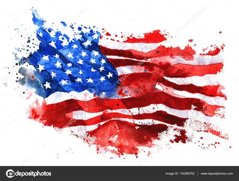 Flag Of America Hand Drawn Watercolor On White Background Stock Photo