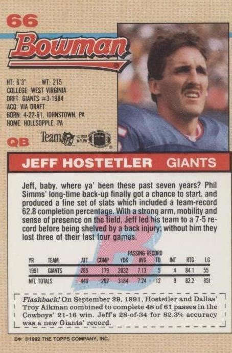 1992 Bowman Jeff Hostetler 66 For Sale EBay