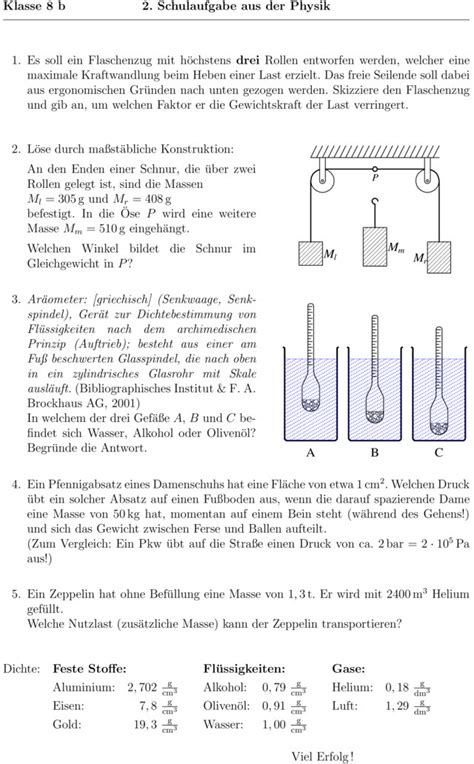 Klassenarbeit Zu Verschiedene Themen Physik Klasse