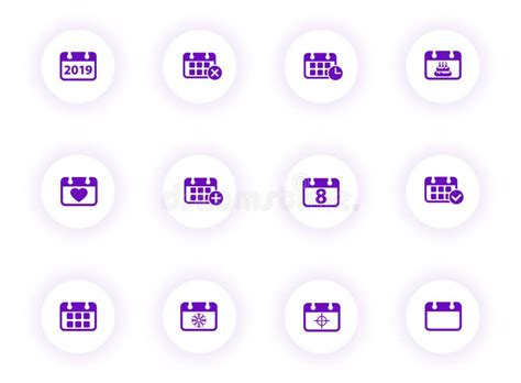 Calendar Purple Color Vector Icons On Light Round Buttons Stock