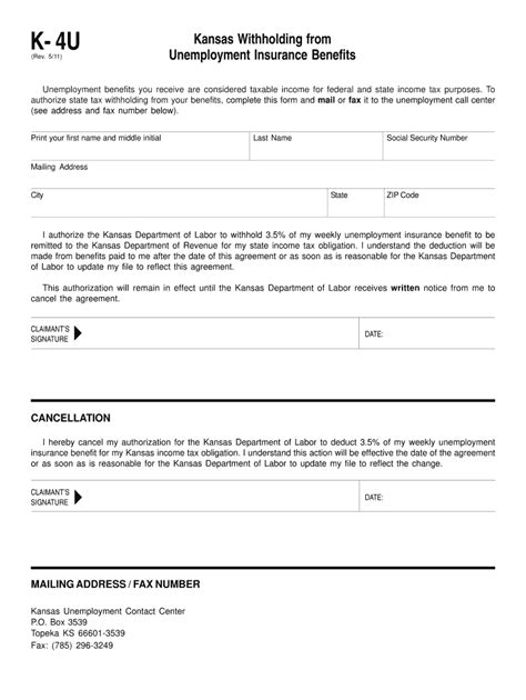 K 4u Withholding From Unemployment Insurance Benefits Rev 5 11 Ksrevenue Fill Out And Sign