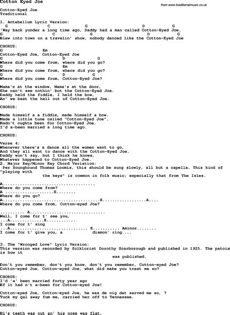 Traditional Song Cotton Eyed Joe With Chords Tabs And Lyrics