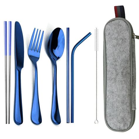 Travel Hiking Portable Dinnerware Set With Pouch Reusable Stainless Steel Straw Cutlery Knife