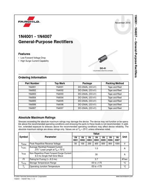 1N4001 Datasheet General Purpose Plastic Rectifiers