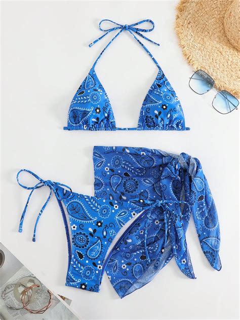 Shein Swim Bohofeel Paisley Print Halter Triangle Bikini Swimsuit With