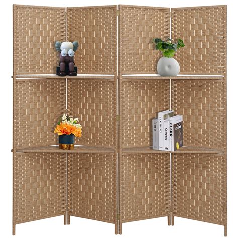 Ecomex 4 Panels Room Divider With Display Shelves Weave Fiber Folding