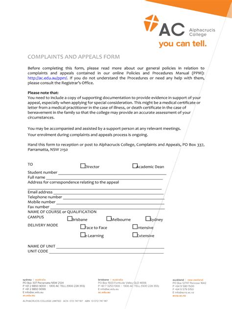 Fillable Online Complaints And Appeals Form Alphacrucis Fax Email