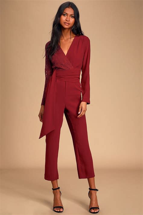 Chic Burgundy Jumpsuit Lace Jumpsuit Long Sleeve Jumpsuit Rompers