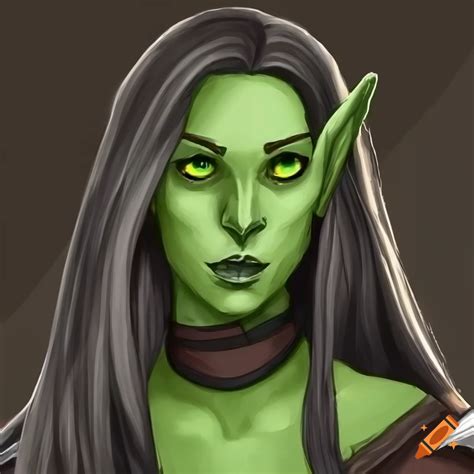 Female Half Orc Half Elf Rogue With Dark Green Skin And Long Black