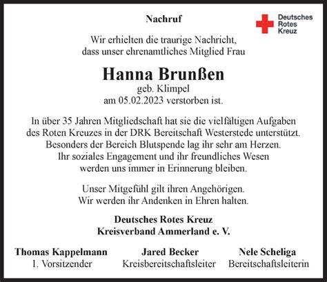 Traueranzeigen Von Hanna Brun En Nordwest Trauer De