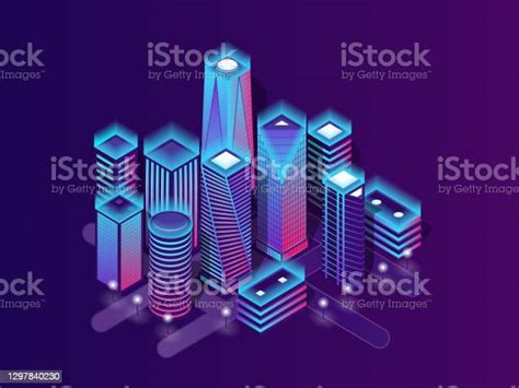 Konsep Arsitektur Kota Futuristik Neon Ilustrasi Isometrik Bangunan