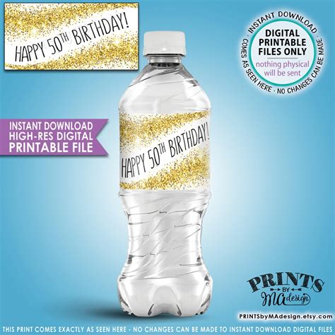 50th Birthday Water Bottle Labels Gold Glitter 50th Birthday Party Decoration Five Labels Per 8