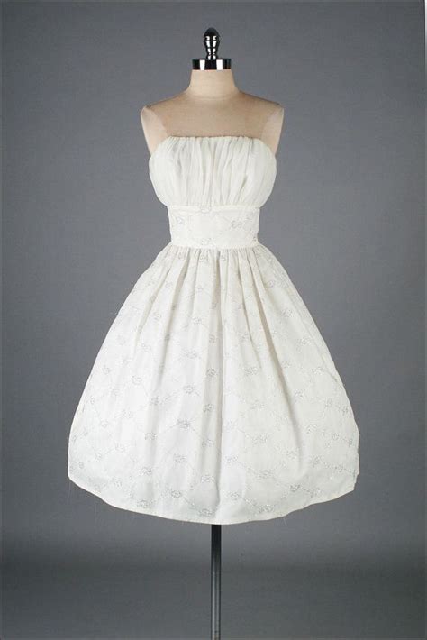 Vintage 1950s Dress White Chffon Silver Embroidery 3027 Etsy