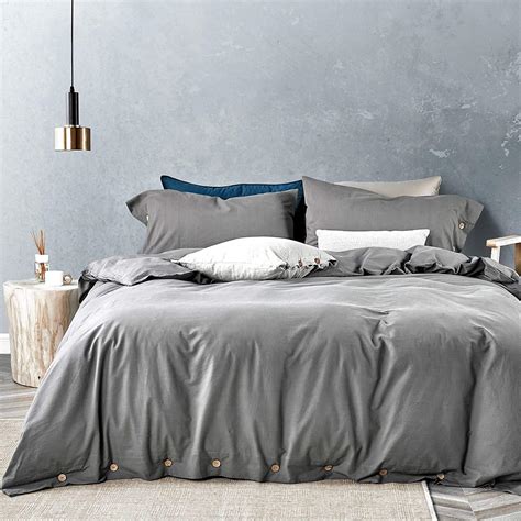 JELLYMONI Grey 100% Washed Cotton Duvet Cover Set, 3 Pieces Luxury Soft ...