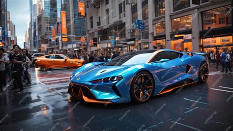 Premium Ai Image Futuristic Blue And Orange Sports Car On City Street