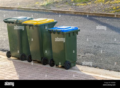 Kerbside Waste Bins Ready For Collection By Local Council In Australian