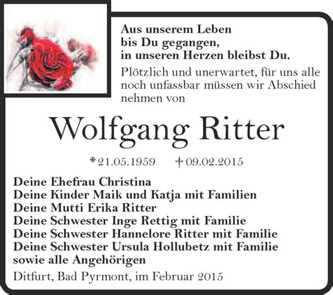 Traueranzeigen Von Wolfgang Ritter Abschied Nehmen De