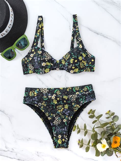 Shein Swim Vcay Ensemble De Bikini à Imprimé Floral Froncé à Bride