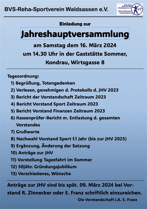 Einladung Zur Jahreshauptversammlung Bvs Reha Sportverein