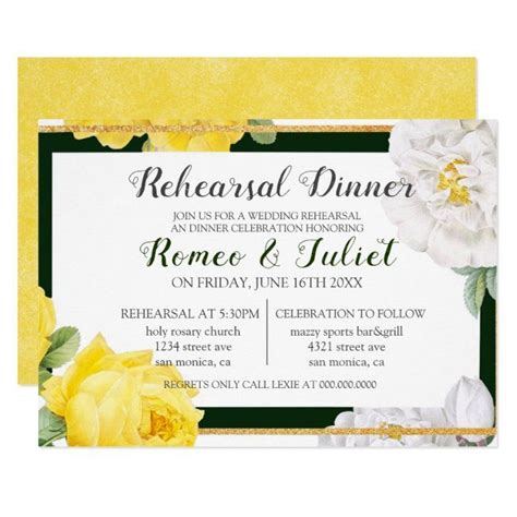 Vintage Yellow White Roses Gold Rehearsal Dinner Invitation Ad Ad