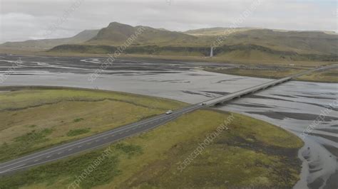 Road Crossing Glacial River Southern Iceland Drone View Stock Video