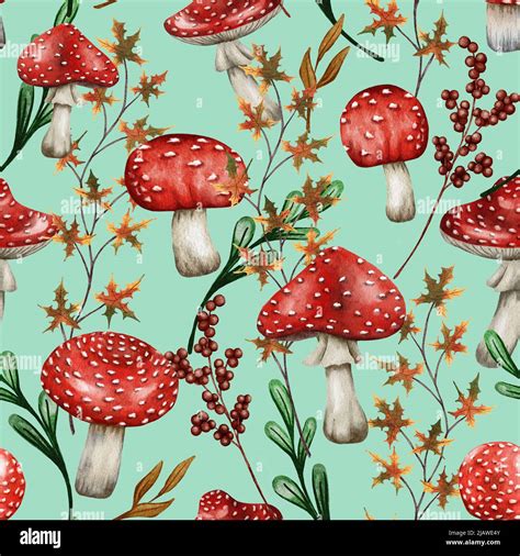 Watercolor Seamless Pattern Nature Painting Fall Poison Red Mushroom