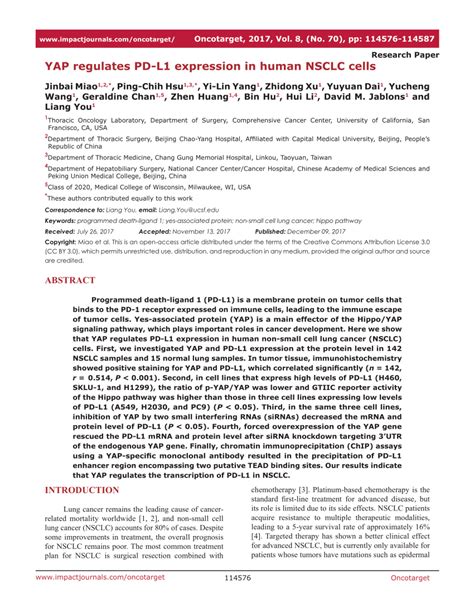 Pdf Yap Regulates Pd L1 Expression In Human Nsclc Cells