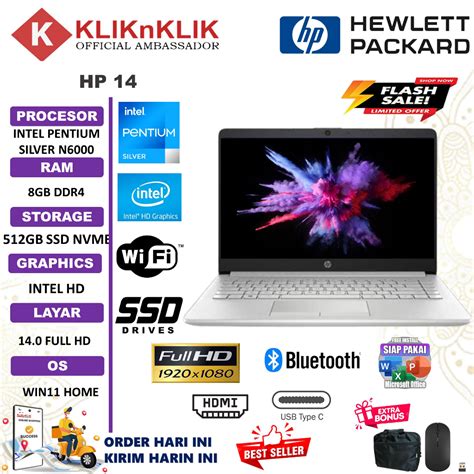 Jual Laptop Murah HP 14 Intel Pentium Silver N6000 8GB 512GB SSD FHD