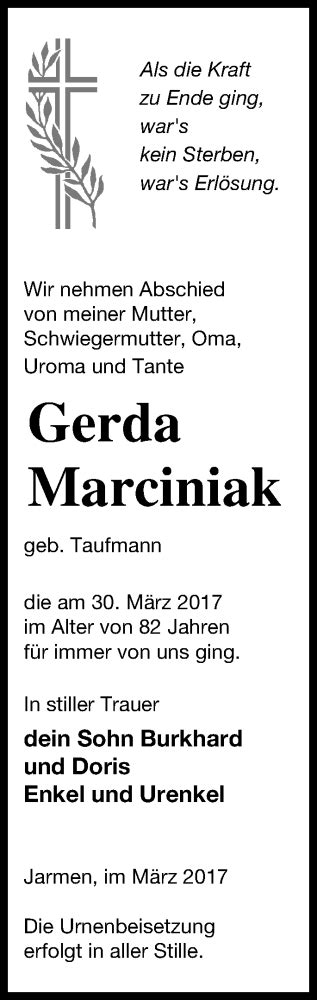 Traueranzeigen Von Gerda Marciniak Trauer Nordkurier