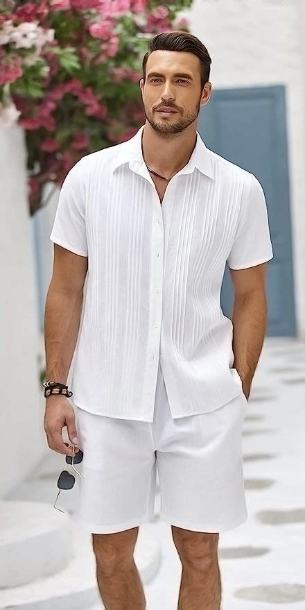 Coofandy Men S Cotton Linen Sets Short Sleeve Pleats Guayabera Suits