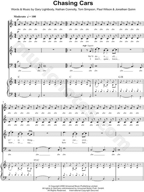 Snow Patrol Chasing Cars Satb Choir Piano Choral Sheet Music In C