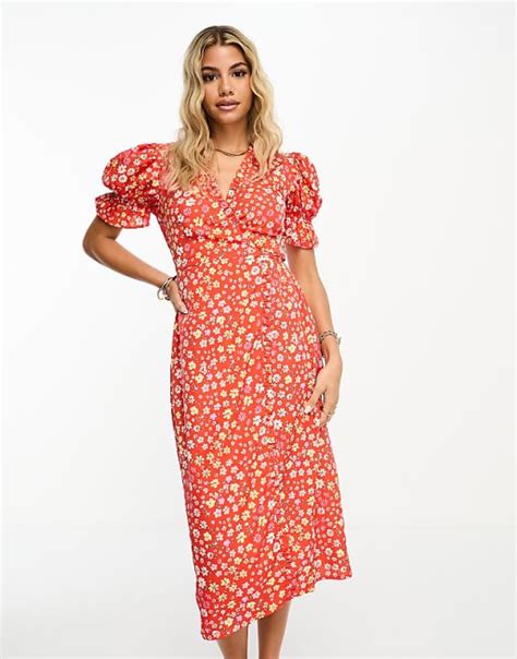 Influence Wrap Front Midi Dress In Red Floral Print Asos