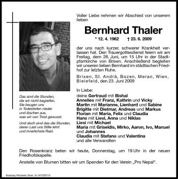 Traueranzeigen Von Bernhard Thaler Trauer Bz