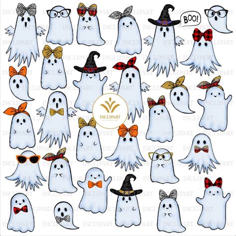 Cute Ghosts With Hat Bow And Glasses Halloween Clip Art In Etsy