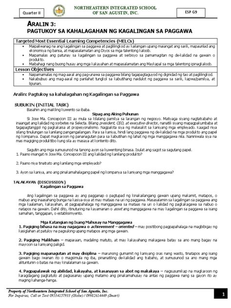 Aralin 3 Esp G9 Quartrer Ii Pagtukoy Sa Kahalagahan Ng Kagalingan