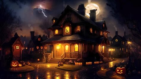 Stormy Halloween Night Haunted Town🎃rainy Halloween Ambience Rain