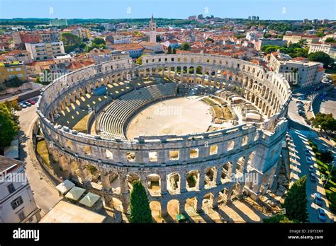 Arena Pula. Ancient ruins of Roman amphitheatre in Pula aerial view ...