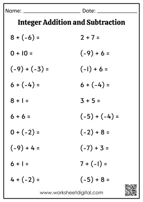 Integer Addition And Subtraction Worksheet Digital Worksheets Library