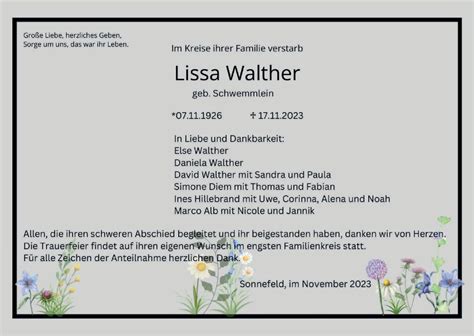 Lissa Walther Traueranzeige Trauer InFranken De