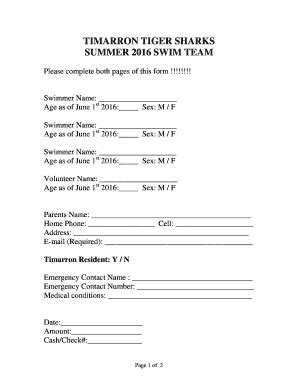 Fillable Online Timarron Tigershark Summer Swim Team Fax Email