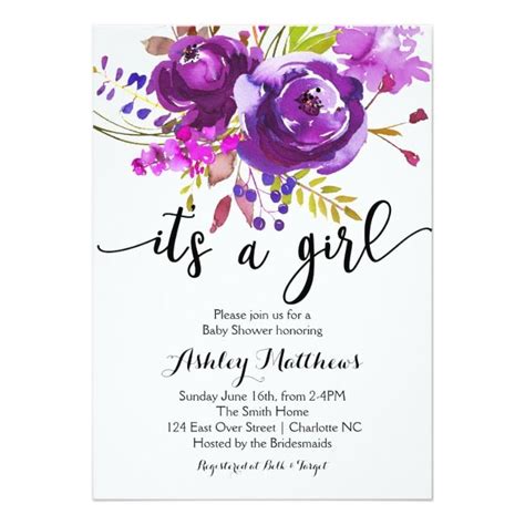 The Purple Floral Baby Shower Is Displayed On A White Card With Black