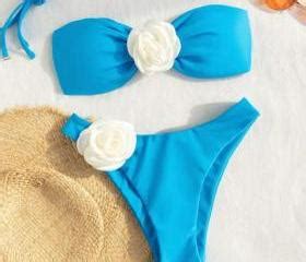 Womens Blue Floral Accent Bandeau Bikini Set Swimwear On Luulla