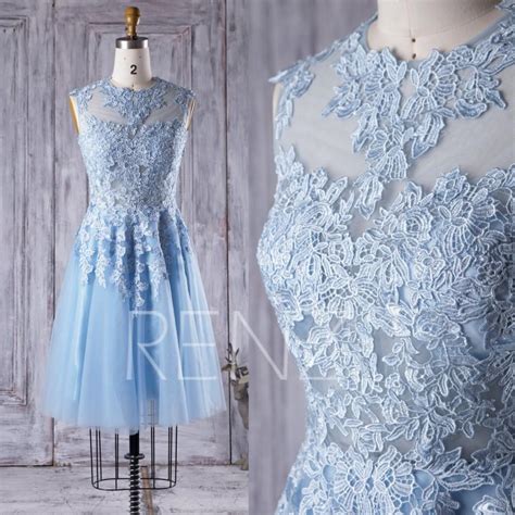 2016 Light Blue Mesh Bridesmaid Dress Lace Illusion Wedding Dress A