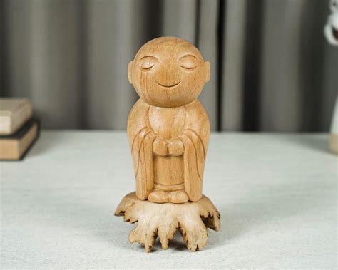 Meditation Office Décor T For Mom Wood Figurine Holding Flower Jizo Statue Calming Buddha