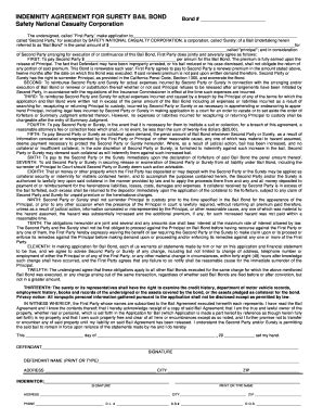 Fillable Online Indemnity Agreement For Surety Bail Bond Safety Fax