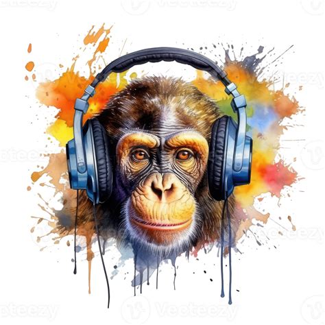 Watercolor Monkey Wearing Headphones Png